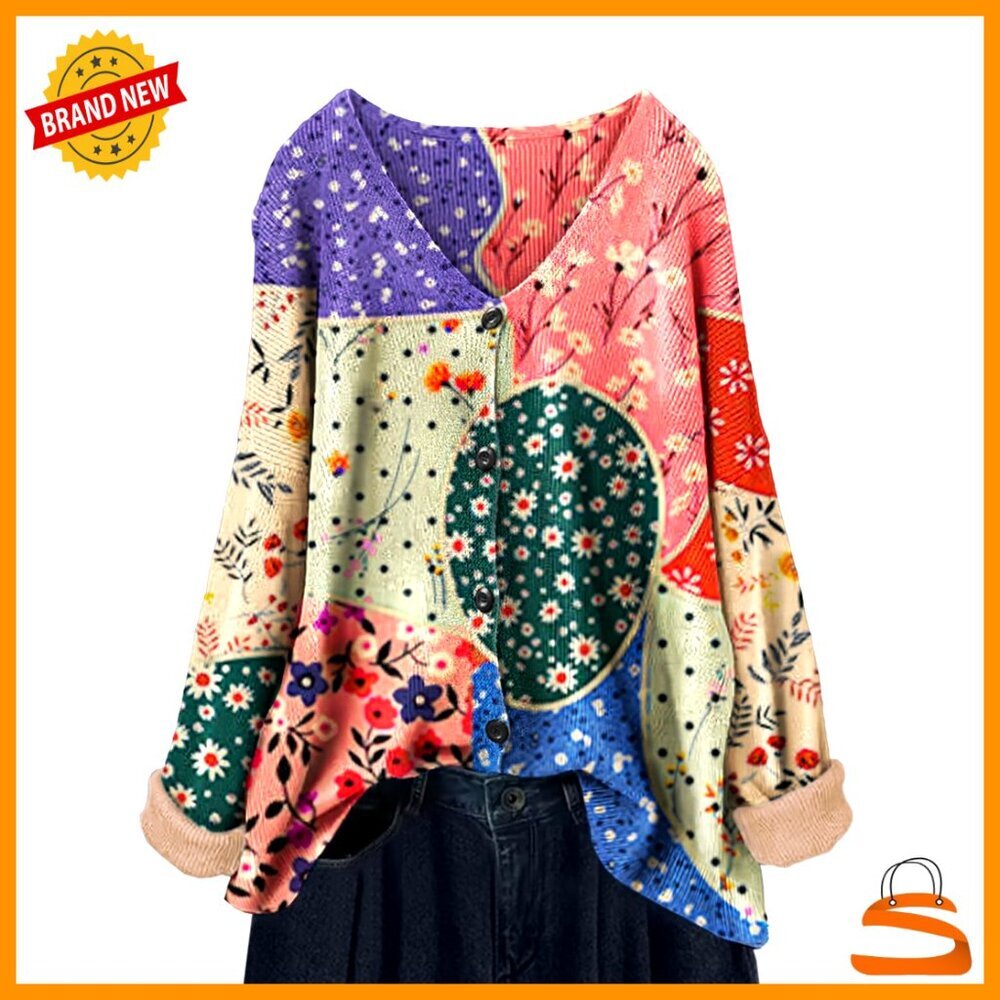 Oversized V-Neck Cardigan Sweater Casual Graphic Knit Top Open Front Button Down - Picture 1 of 5